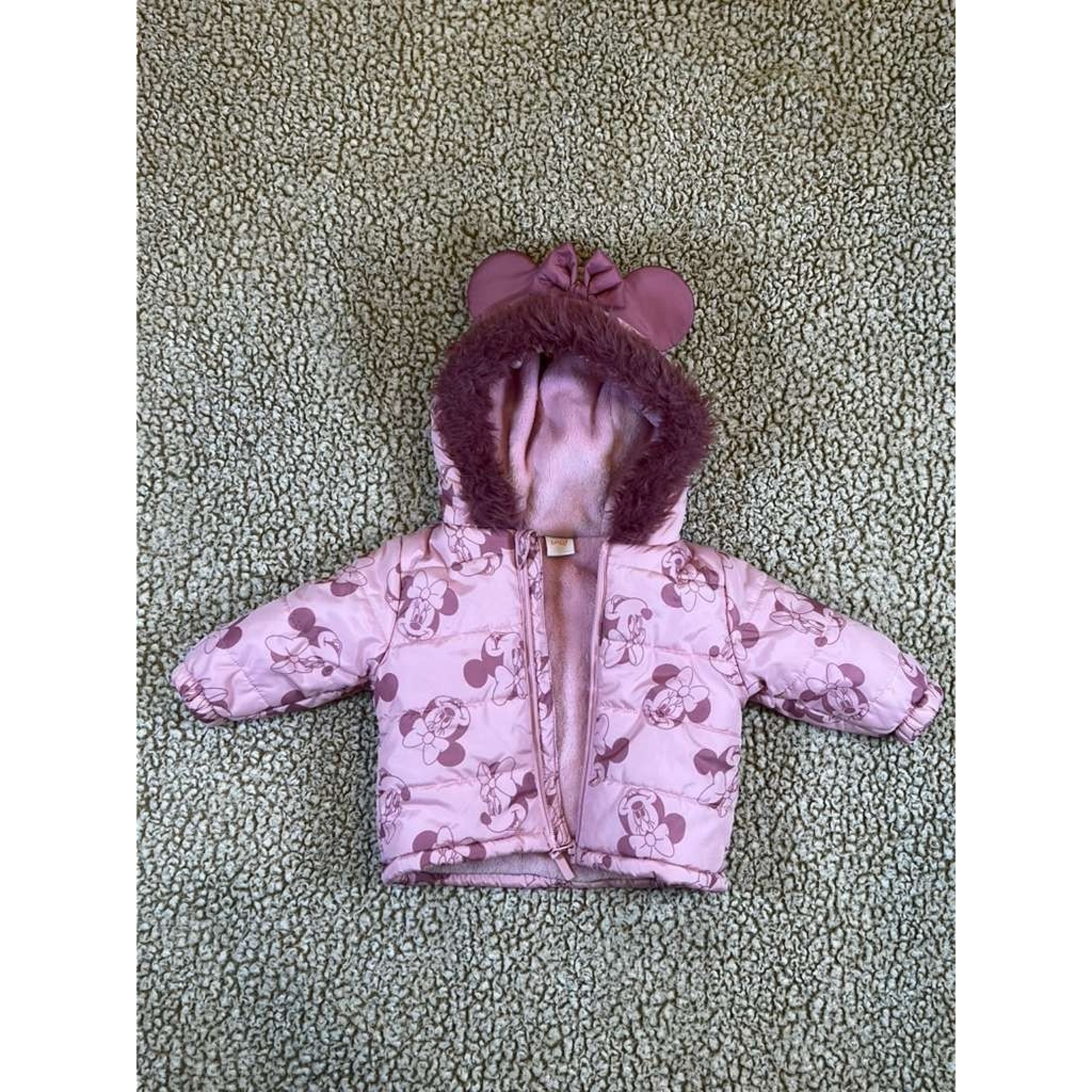 Disney Baby Minnie Mouse Pink Winter Jacket Coat 12m Hooded Ears Bow Fleece Line